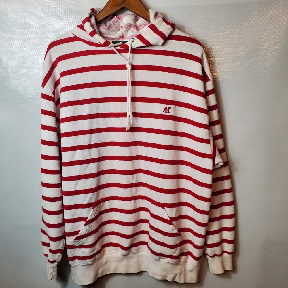 Hunt Club Pullover with Hood Red White Striped Fleece Lined